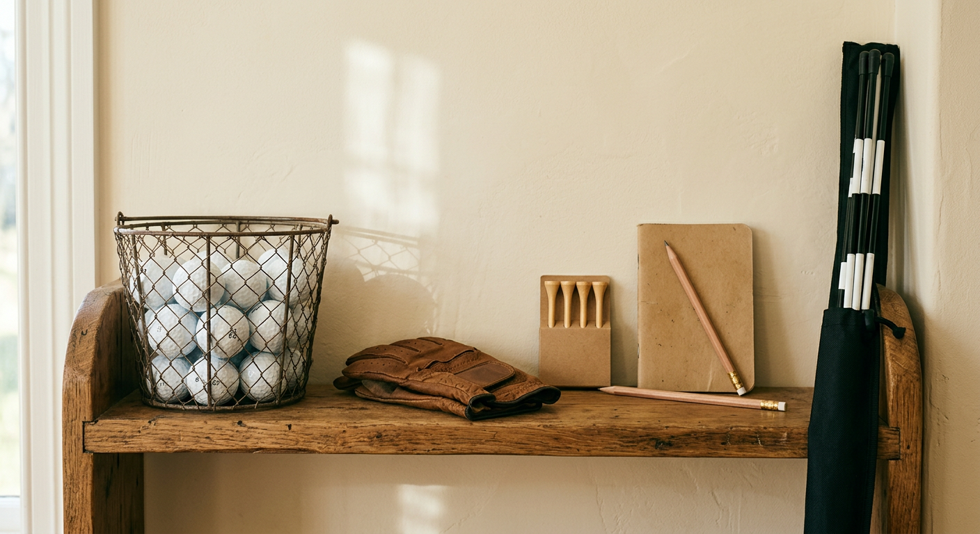A wooden shelf with a basket of range balls, a golf glove, tees, a notebook, and an alignment stick